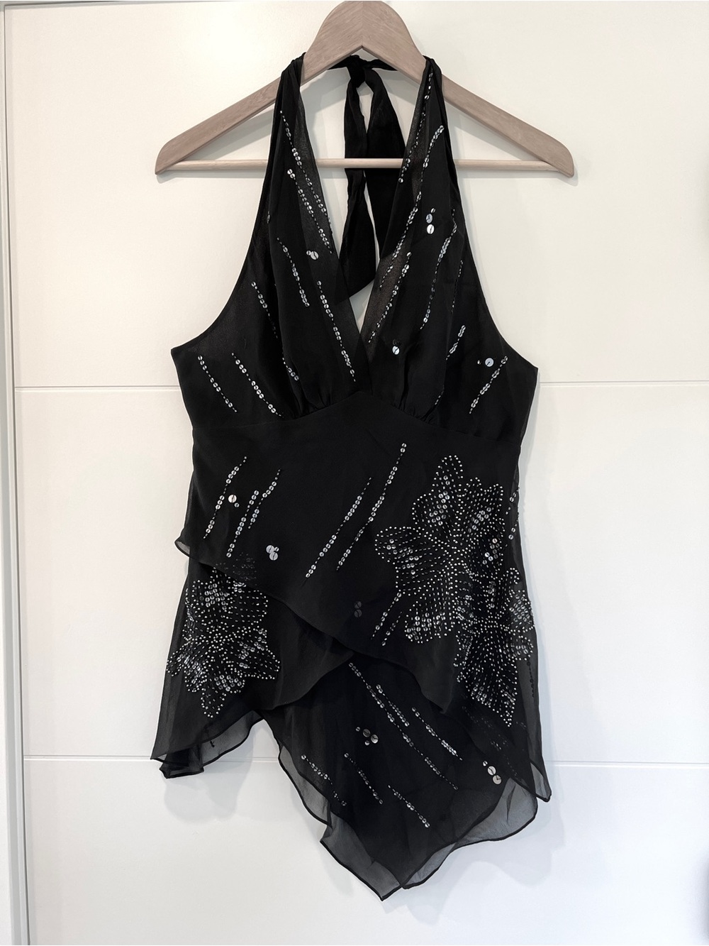 BCBGMaxAzria Sequin Halter Party Top, Black S